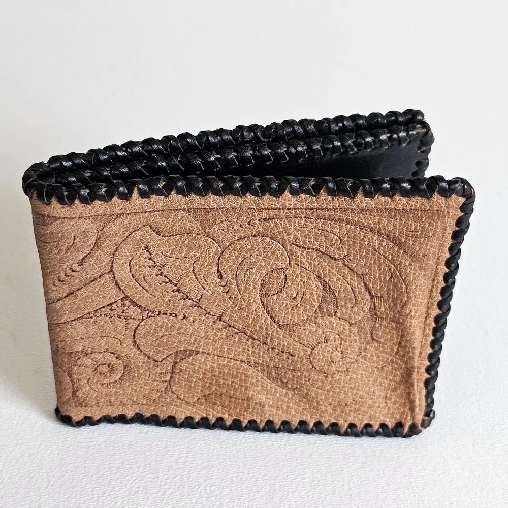 Vintage Tooled Tan Leather Wallet Bi-fold Billfold Tan Brown Floral Leaf Design